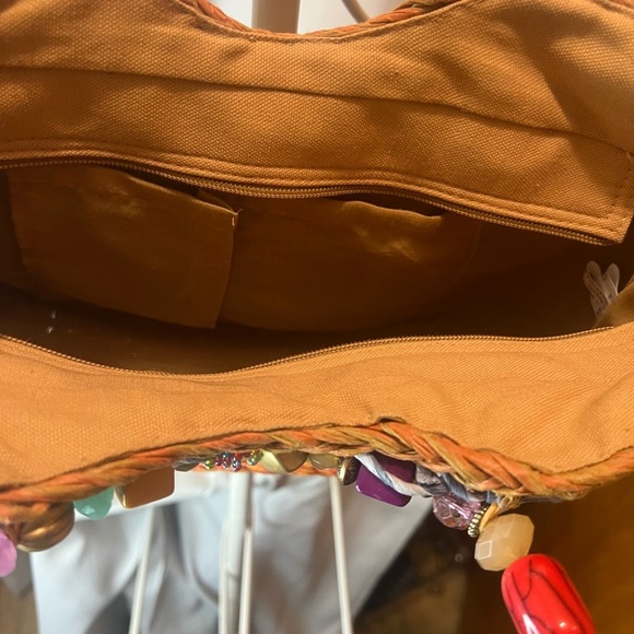 Vintage Straw  Rainbow Woven Handbag with Beaded Handle - Picture 2 of 8